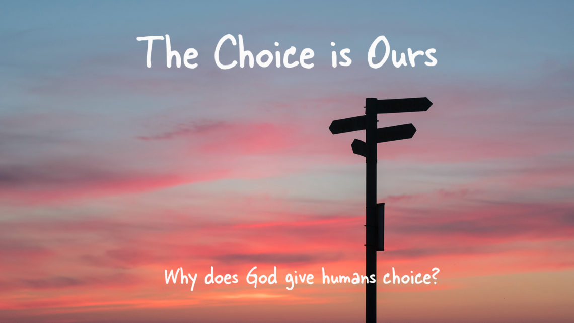 The choice is ours title sheet. The pciture shows a road marker sign that is silhoetted by the setting sun.