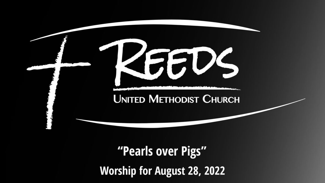Reeds UMC Logo with the title "Pearls over Pigs," with the subtitle, "Worhsip for August 28, 2022"