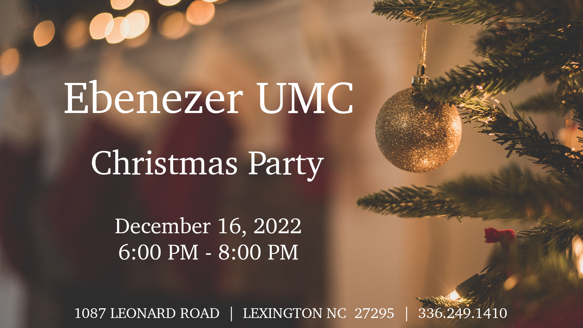 A Christmas Tree with the words, Ebenezer UMC Christmas Party.