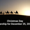 Wise men on camels silhouette against setting sun.