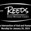 Reeds UMC logo with sermon title, "The Intersection of God and Humanity" with the date, "January 28, 2024."