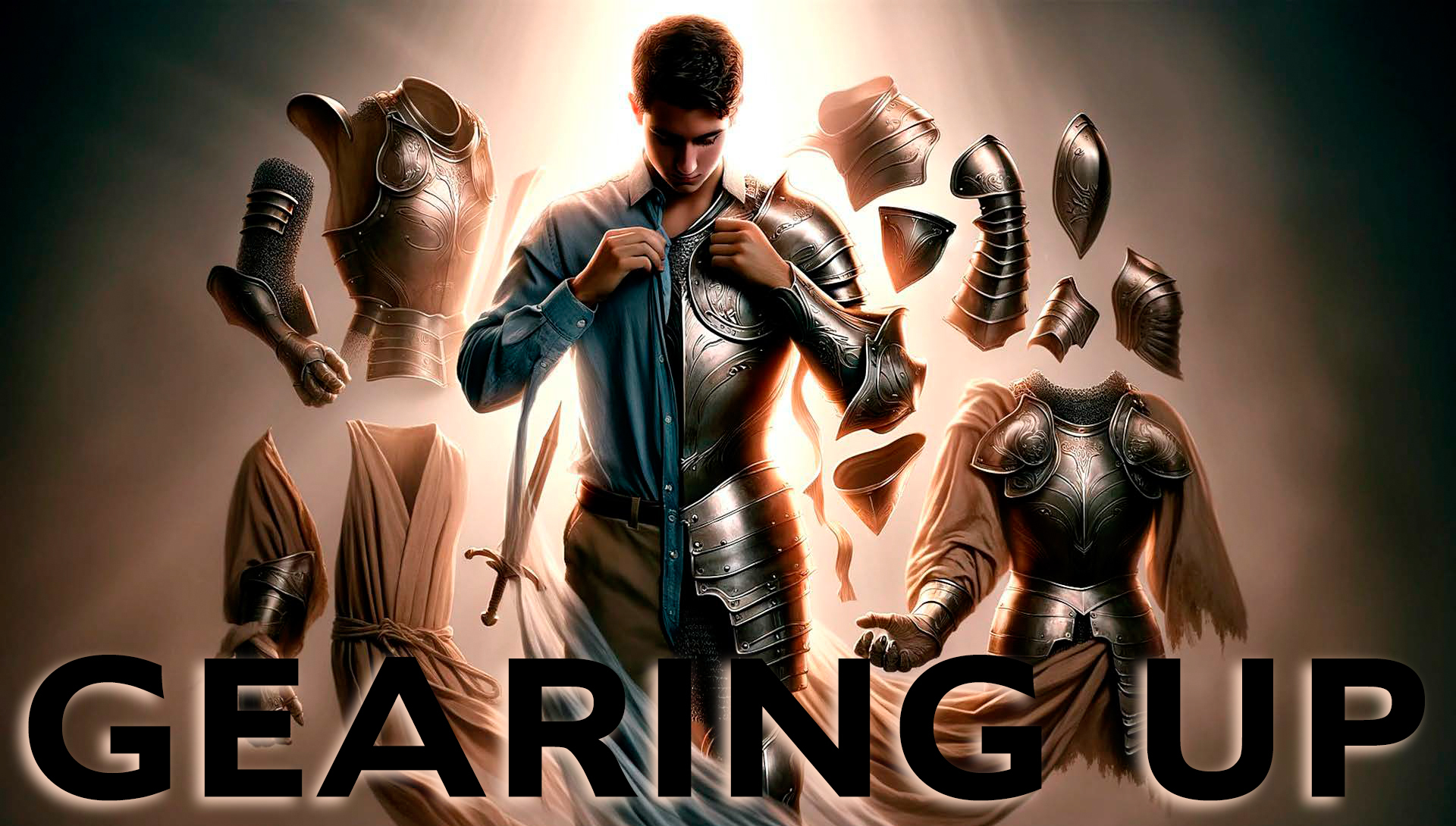 A person putting on armor with the title, "Gearing Up"