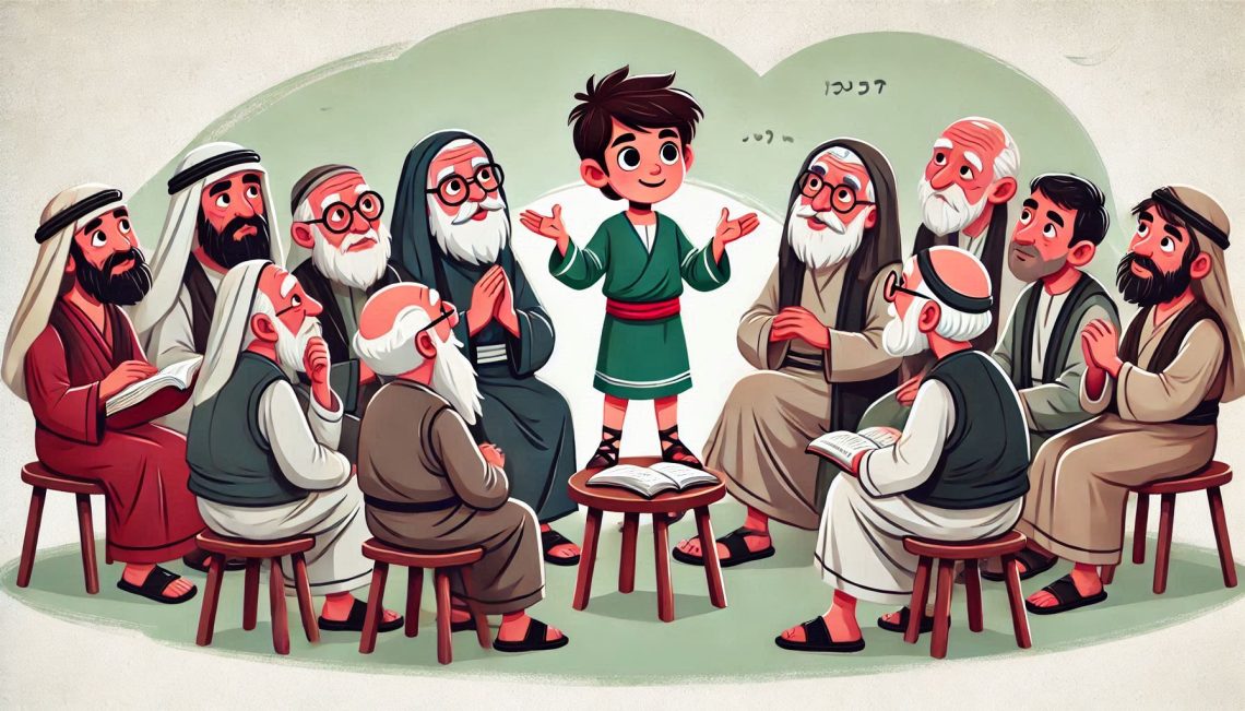 a boy with old men surrounding him.