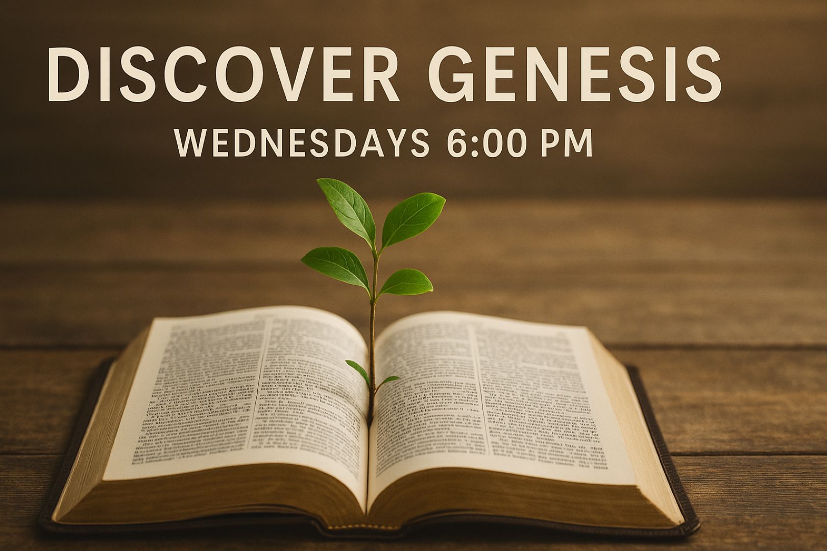 An open Bible rests on a rustic wooden table, with a small green seedling sprouting from the center of its pages. Above the Bible, large, bold serif text reads, “DISCOVERING GENESIS.” Below, smaller text announces, “WEDNESDAYS 6:00 PM.” The scene is softly lit, creating a warm and inviting atmosphere that symbolizes new beginnings and spiritual growth.